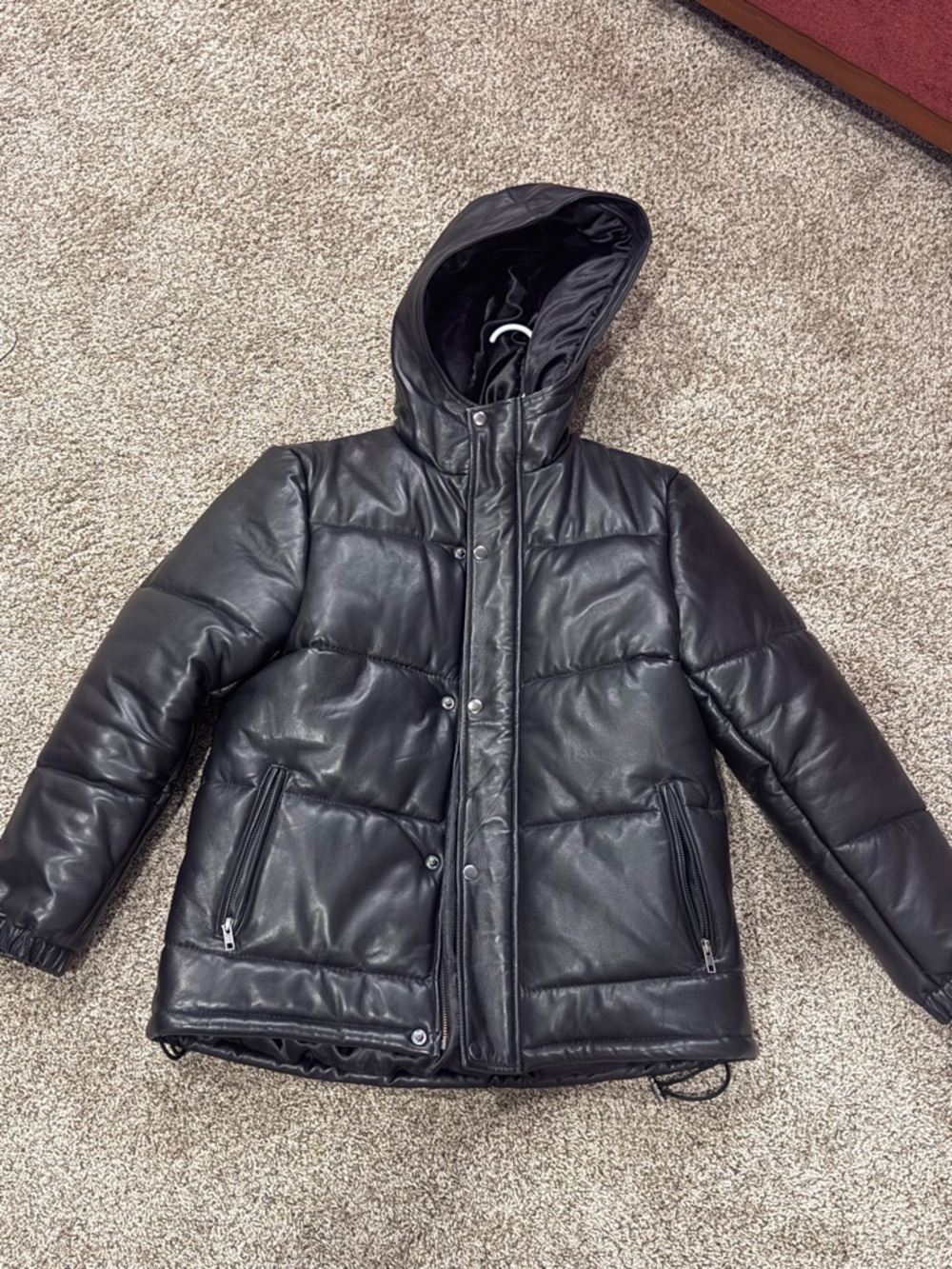 NWOT 100% Lambskin leather black women's puffer jacket with hood
